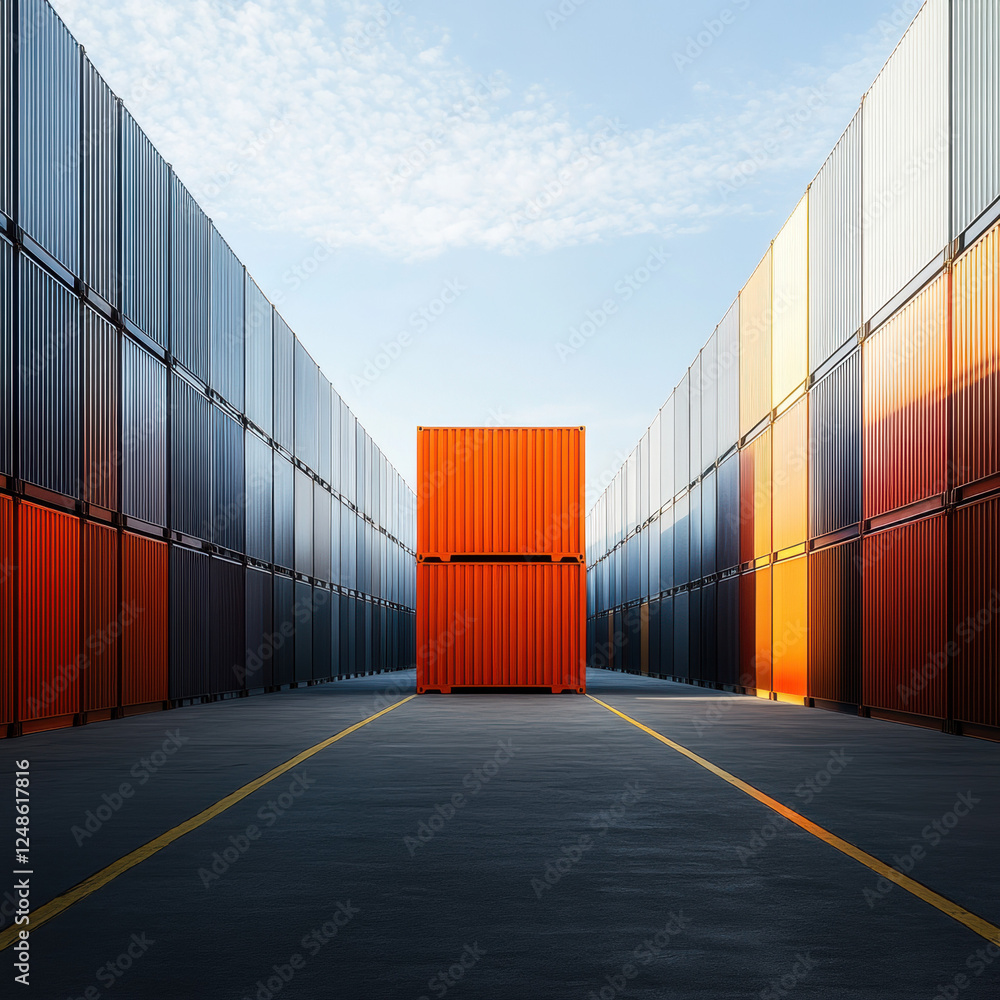 Fototapeta premium A container cargo freight ship loaded with containers at a port under a blue sky
