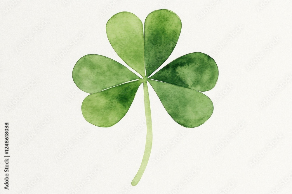 Beautiful watercolor illustration of a green four leaf clover symbolizing good luck and prosperity, perfect for seasonal designs and nature themed projects