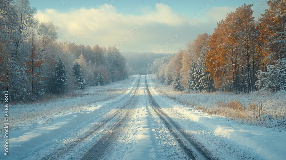 Obraz premium The winter road, illuminated by the bright sunset, is surrounded by a snowy landscape and falling snowflakes, creating an atmosphere of peace..