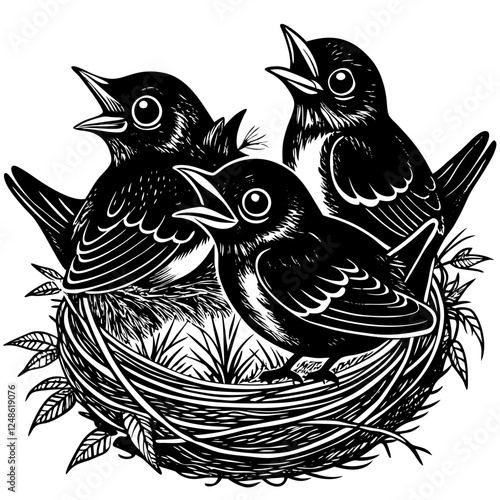 hungry baby Robins in a nest wanting the mother bird to come and feed
