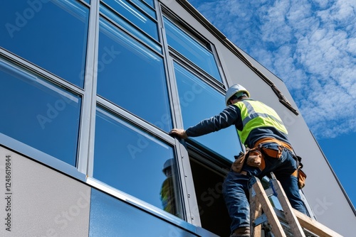 A worker installs energy-efficient windows on a sunny day in a modern building