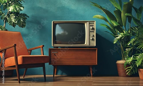 Wallpaper Mural Vintage TV, armchair and houseplants, seamless 4k video loop Torontodigital.ca