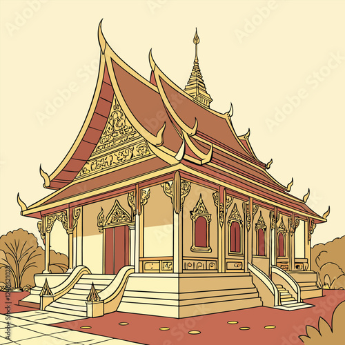 The Beauty of Lao Temples – Ornate Roofs and Golden Statue