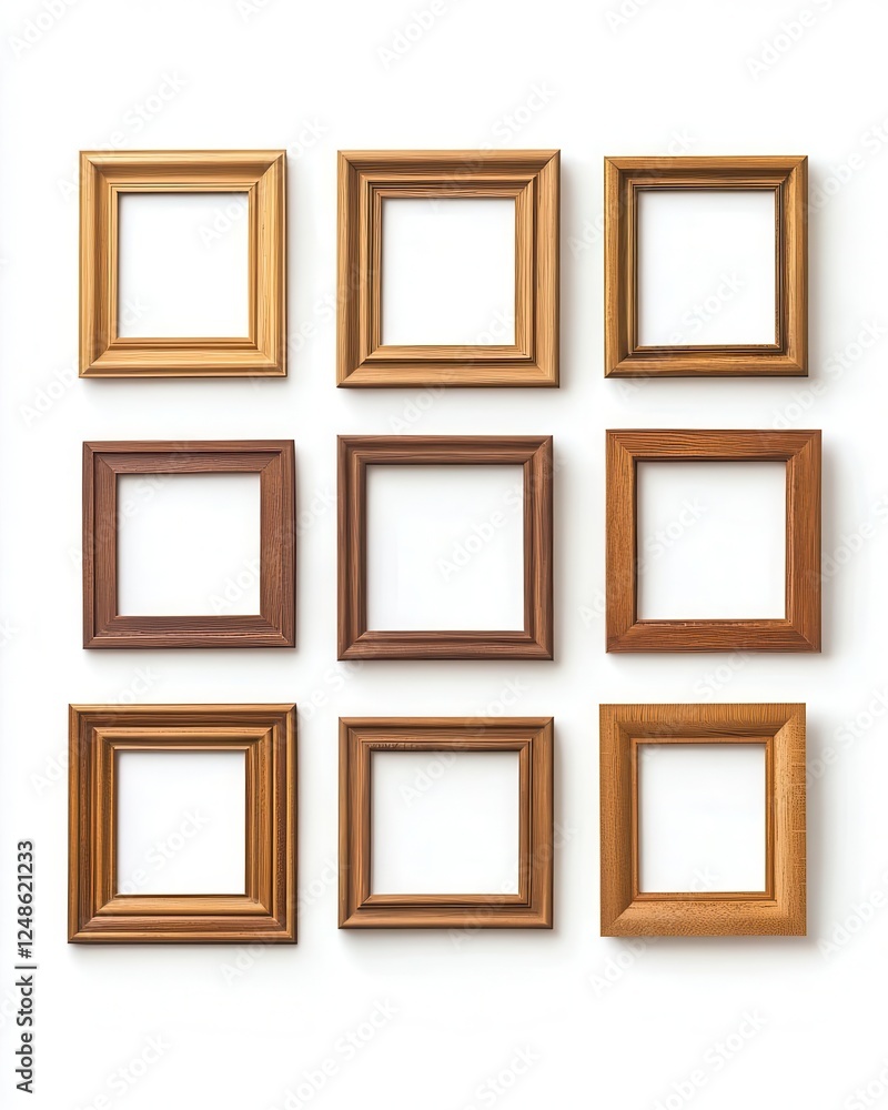 Wooden Picture Frames Arranged on White Background for Image Display Concepts Wooden Picture Frames Arranged on White Background for Image Display Concepts