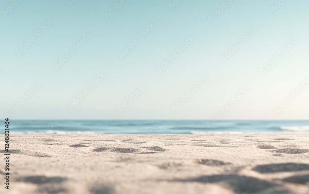 A wooden table sits before a blurred beach view in the background A wooden table sits before a blurred beach view in the background