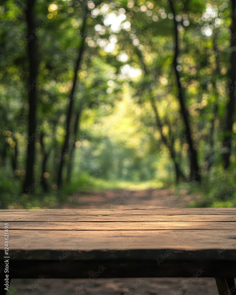 Wooden Table in Enchanted Green Forest for Nature-Inspired Editorial Photography Wooden Table in Enchanted Green Forest for Nature-Inspired Editorial Photography