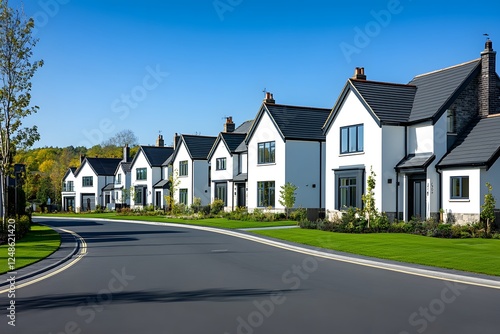 Suburban street, new homes, tree-lined, sunny day, real estate