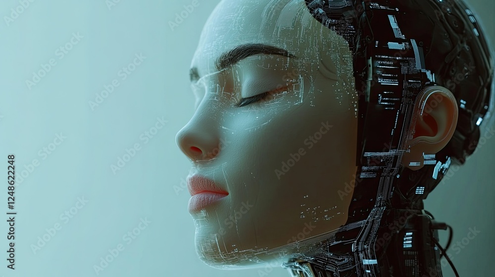 AI Futuristic Female Face with Integrated Technology Circuitry Details AI Futuristic Female Face with Integrated Technology Circuitry Details