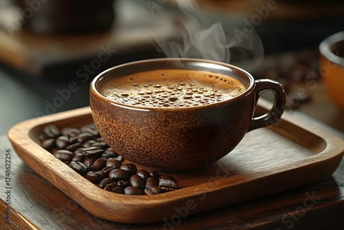 Steaming Hot Coffee with Coffee Beans on Wooden Tray for Morning Relaxation photo