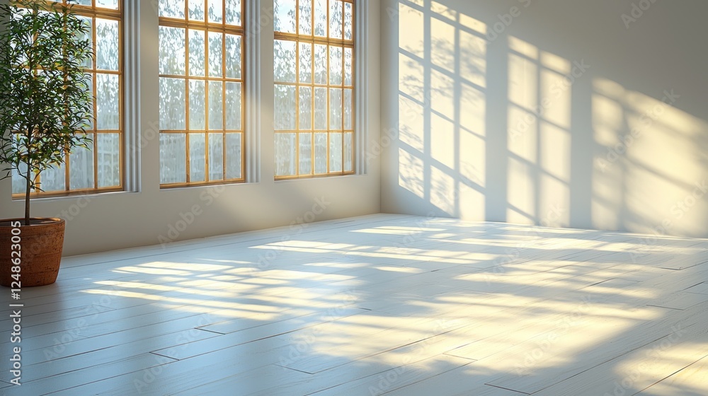 Bright, airy room with large windows casting shadows on the floor, featuring a potted plant and natural light, ideal for relaxation