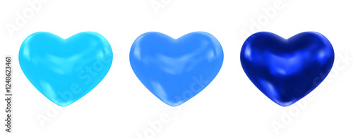 3d glossy blue hearts. Symbol of love, romantic relationships. Valentine's Day vector elements for design romantic events, valentine, certificate, banner, wedding decor.