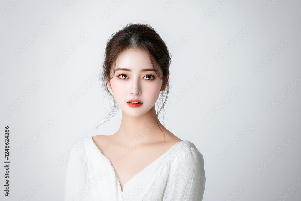 A beauty portrait of a young Asian woman with a soft expression, her hands gently touching her chin, dressed in a white dress on a pure white background A beauty portrait of a young Asian woman with a soft expression, her hands gently touching her chin, dressed in a white dress on a pure white background