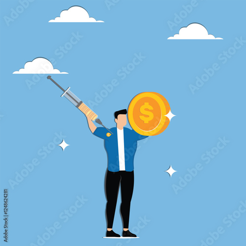 Businessmen injected with money to become stronger, economic stimulus, quantitative easing, monetary or economic policy, health care costs