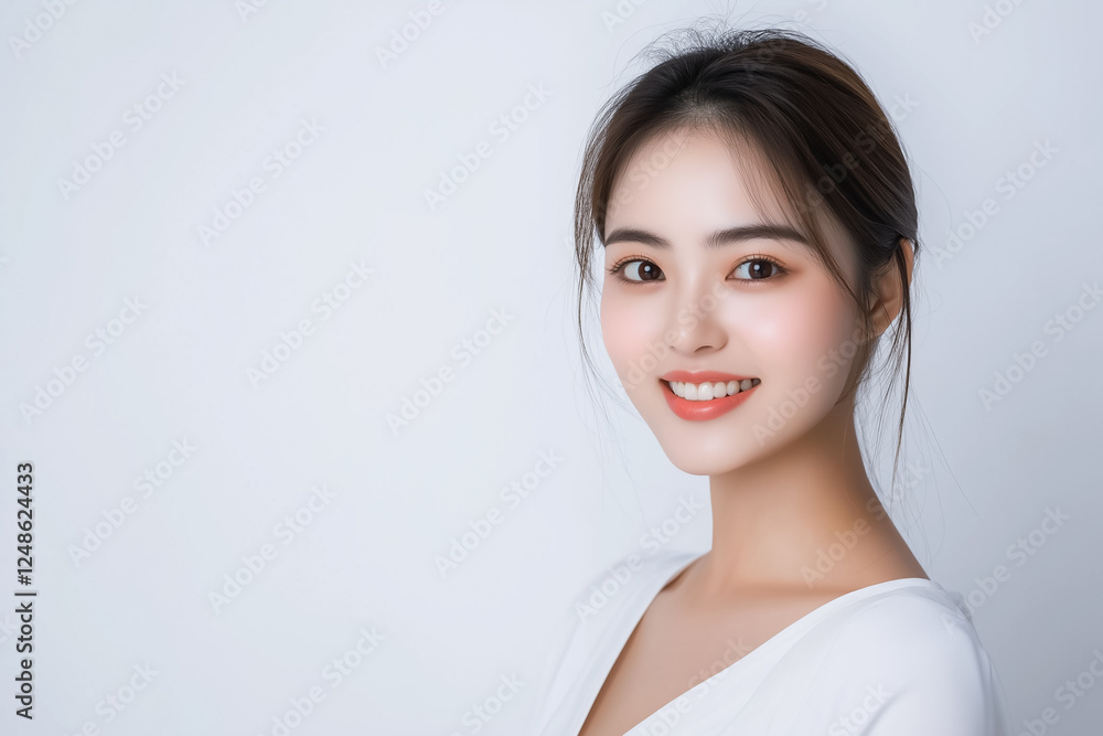 A beauty portrait of a young Asian woman with flawless skin and a radiant smile, dressed in light pastel clothing on a snow-white background