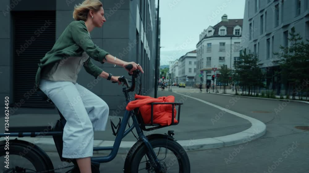 custom made wallpaper toronto digitalCute adorable and stylish young woman pedal through town on cargo electric bike. Student or creative office worker cycle in business district on a warm summer morning