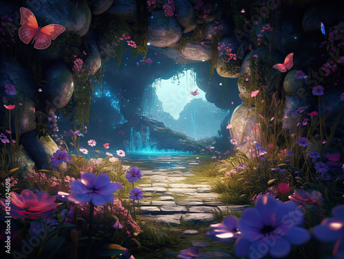 Enchanted Forest Path Leading to a Magical Cave Opening