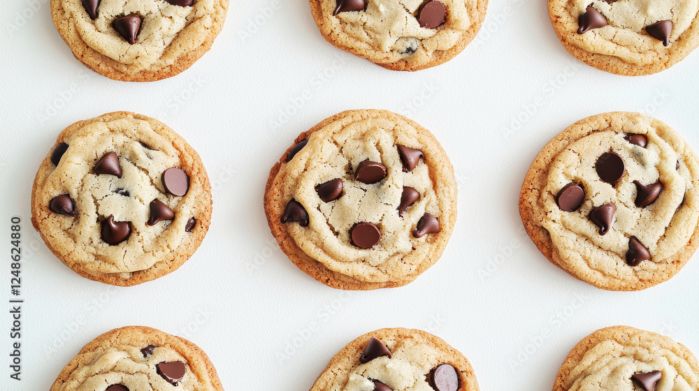 Chocolate chip cookies arranged on white background Chocolate chip cookies arranged on white background