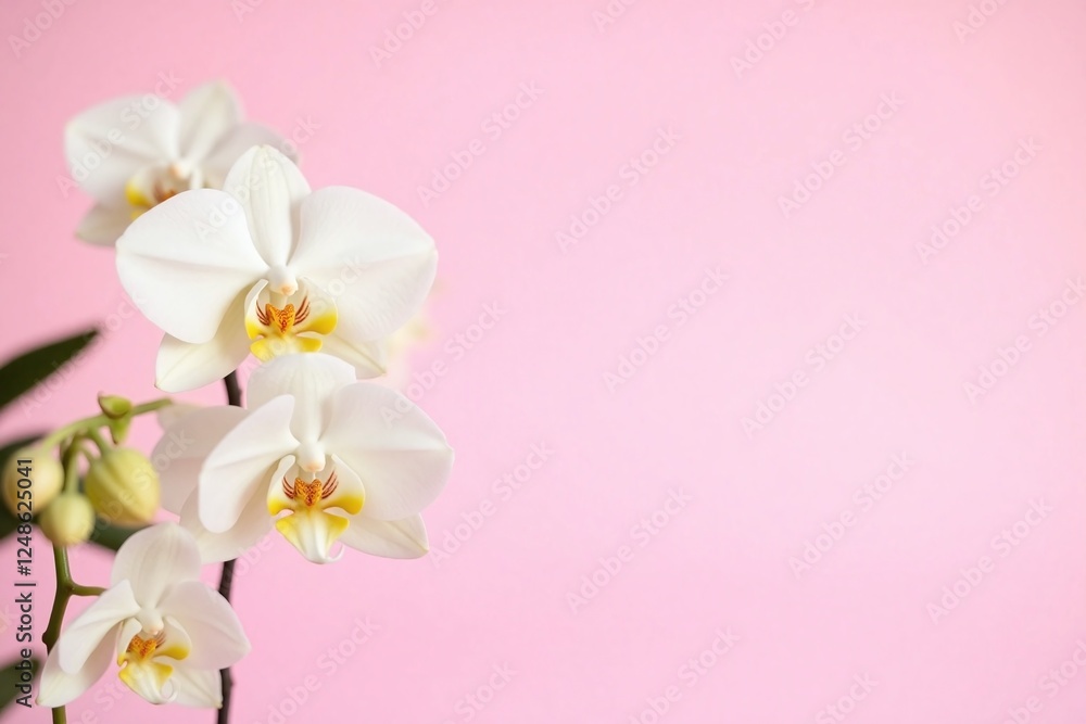 Pastel pink bg white orchid plant Valentine's Day setup Pastel pink bg white orchid plant Valentine's Day setup