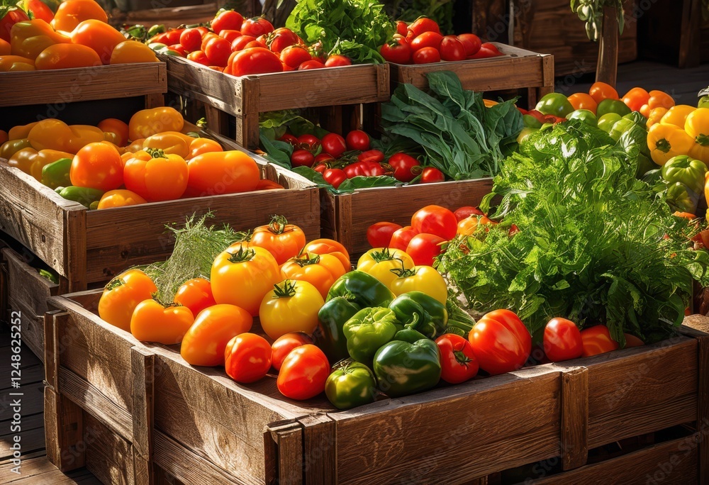 lively display colorful fresh produce arranged rustic wooden crates bright textures natural tones, vibrant, organic, harvest, seasonal, market, healthy, edible lively display colorful fresh produce arranged rustic wooden crates bright textures natural tones, vibrant, organic, harvest, seasonal, market, healthy, edible