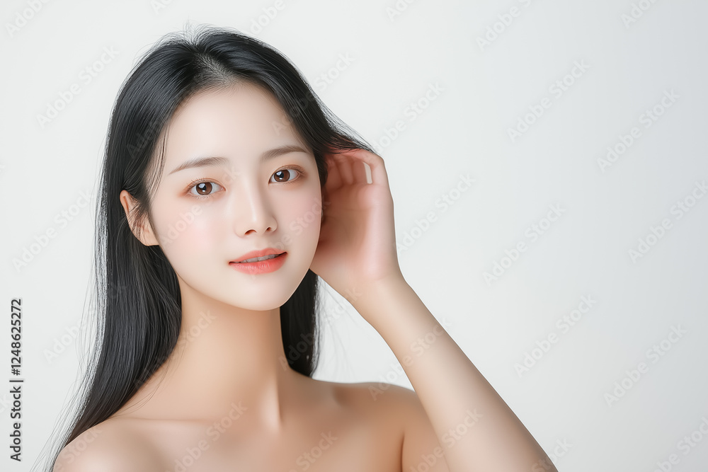 A beauty portrait of a young Asian woman with radiant skin and a joyful expression, her long, straight black hair falling over her shoulders, against a snow-white background A beauty portrait of a young Asian woman with radiant skin and a joyful expression, her long, straight black hair falling over her shoulders, against a snow-white background