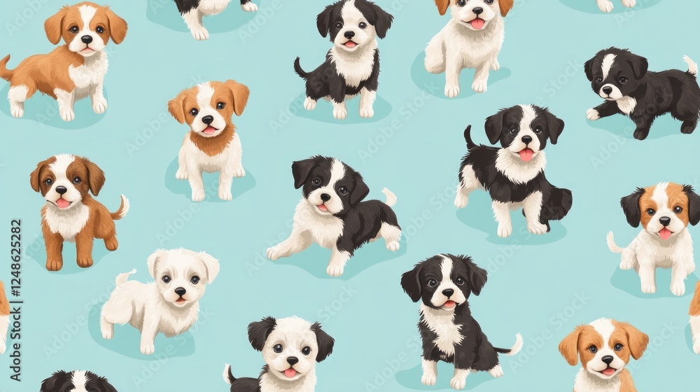 Cute puppy pattern background, digital illustration, various breeds, seamless repeat, children's design Cute puppy pattern background, digital illustration, various breeds, seamless repeat, children's design