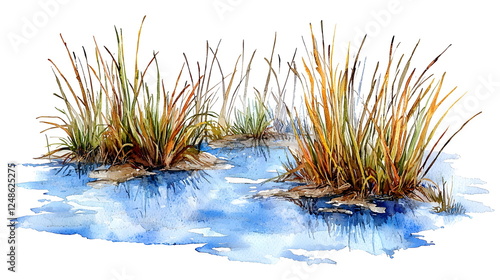 Vibrant watercolor painting of marsh grass and water reflections in a serene natural setting