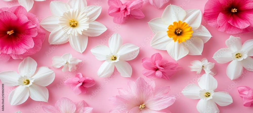 Spring Flowers on Pink Background, White Daffodils, Pink Hyacinths, Floral Arrangement Spring Flowers on Pink Background, White Daffodils, Pink Hyacinths, Floral Arrangement