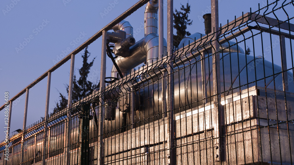 Fototapeta premium pipeline and pipeline elements behind a metal fence in the evening close-up
