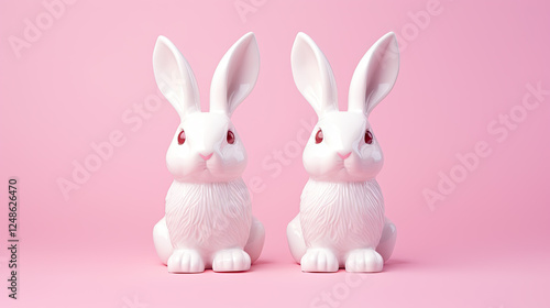 Two White Bunnies on Pink Background