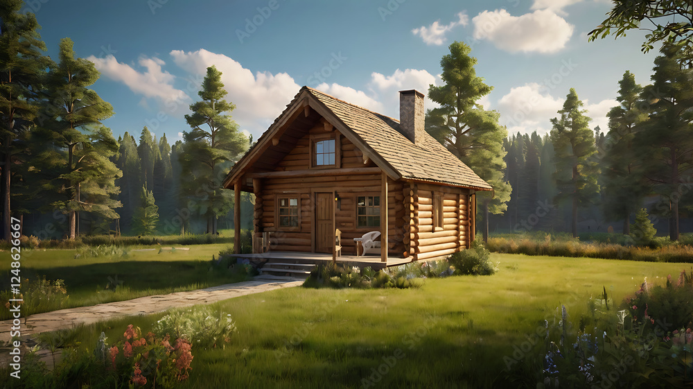 Wooden Log Cabin with green field Wooden Log Cabin with green field