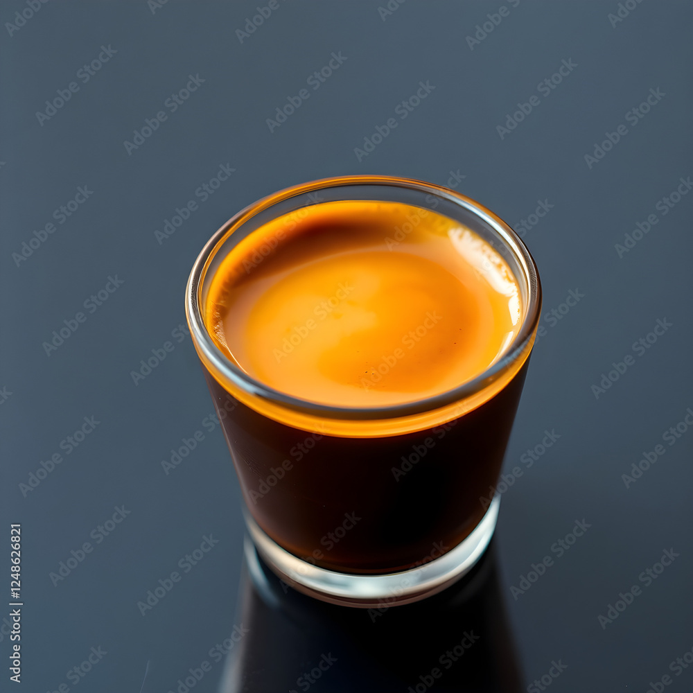 A rich and bold espresso shot in a tiny glass cup, with a thick layer of golden crema on top A rich and bold espresso shot in a tiny glass cup, with a thick layer of golden crema on top
