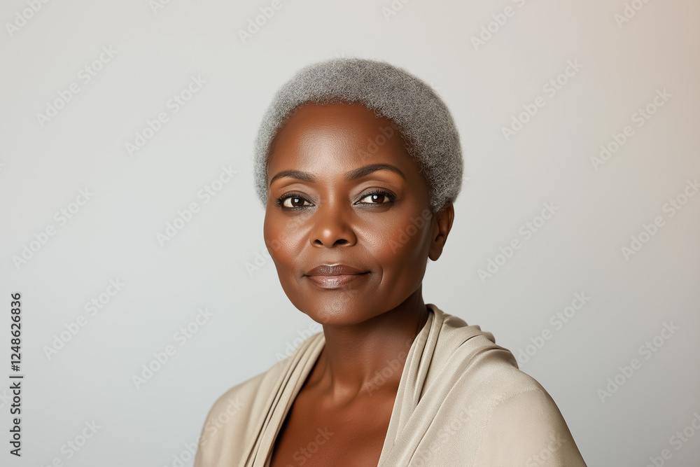 A beauty portrait of an elderly African American woman with short, neat hair and radiant skin, wearing a simple white top, set against a pure white background A beauty portrait of an elderly African American woman with short, neat hair and radiant skin, wearing a simple white top, set against a pure white background