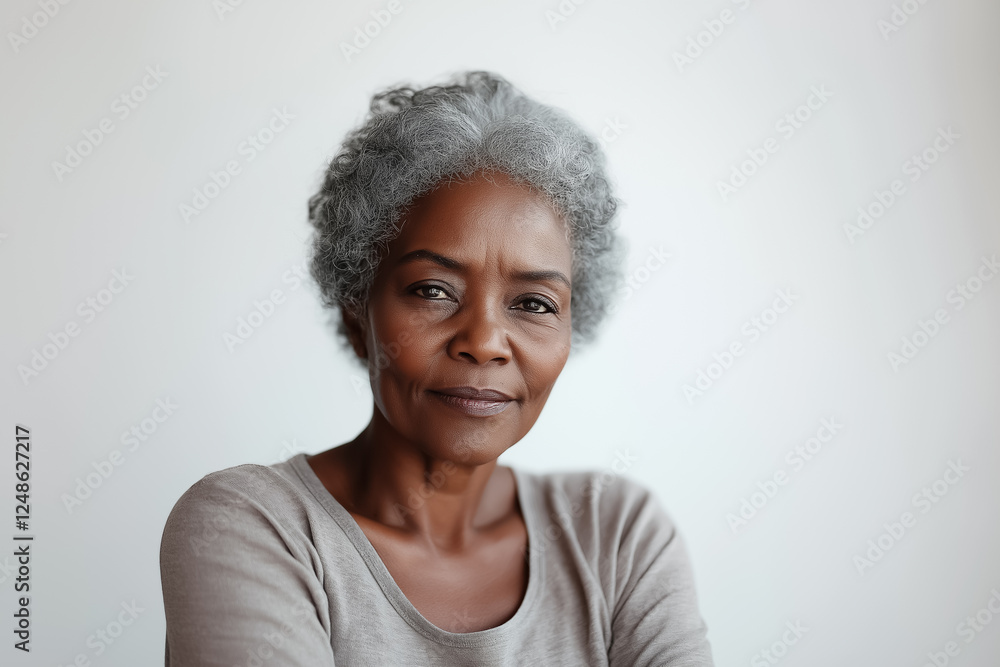 A beauty portrait of an elderly African woman with short gray curls, her expression calm and dignified, on a pristine white background A beauty portrait of an elderly African woman with short gray curls, her expression calm and dignified, on a pristine white background