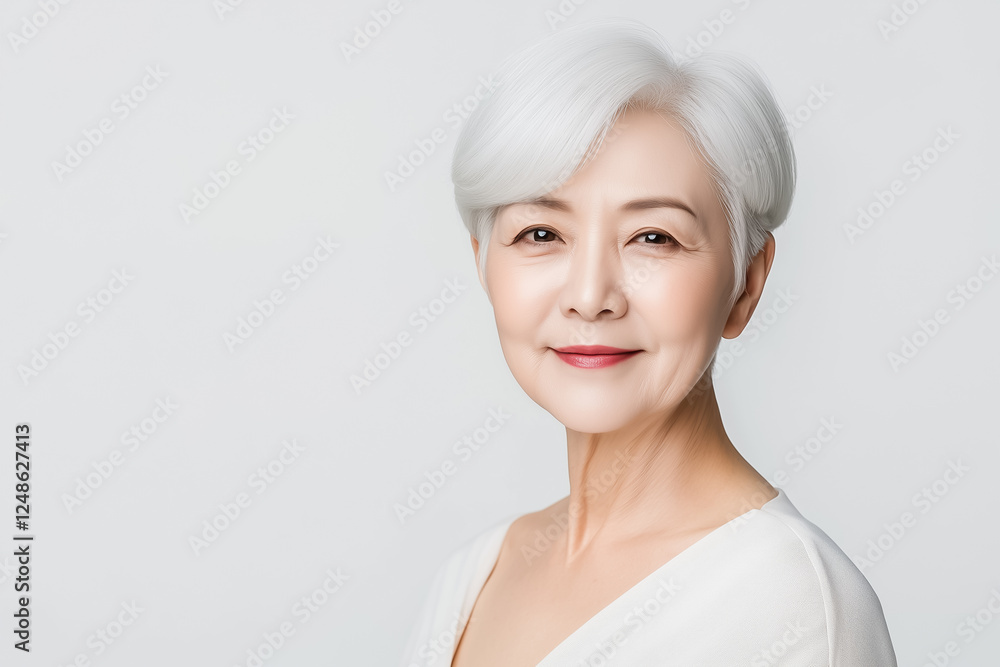 A beauty portrait of an elderly Asian woman looking serene, her short white hair neatly combed, in soft light clothing on a snow-white background A beauty portrait of an elderly Asian woman looking serene, her short white hair neatly combed, in soft light clothing on a snow-white background