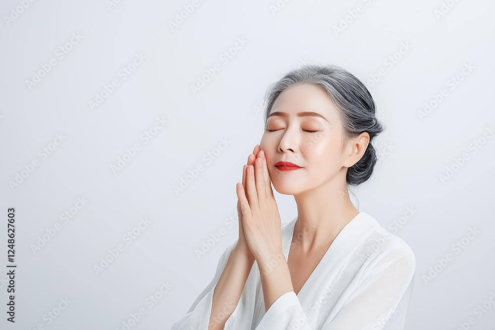 A beauty portrait of an elderly Asian woman with a peaceful expression, her eyes closed and hands gently touching her face, dressed in soft white attire on a snowy white background A beauty portrait of an elderly Asian woman with a peaceful expression, her eyes closed and hands gently touching her face, dressed in soft white attire on a snowy white background