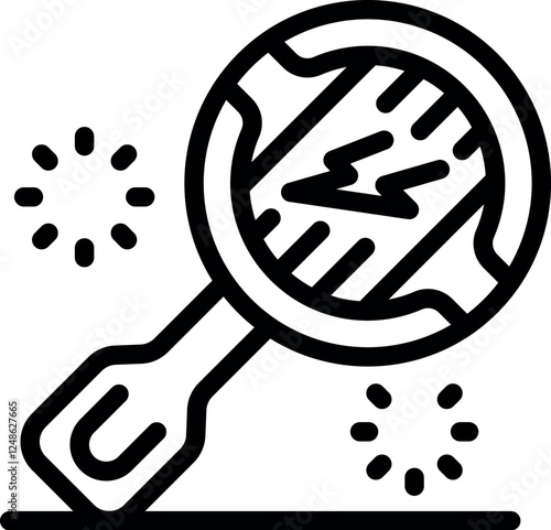Magnifying glass focusing on ground cracks and lightning bolts, symbolizing earthquake impact and seismic activity analysis