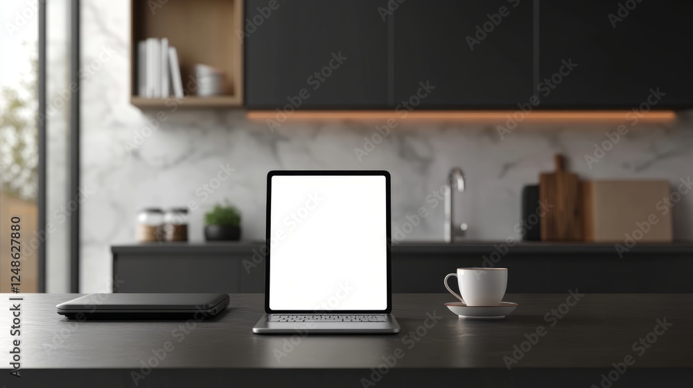 Modern kitchen setting with a blank-screen phone on the counter, a laptop, and a cup of tea nearby Modern kitchen setting with a blank-screen phone on the counter, a laptop, and a cup of tea nearby