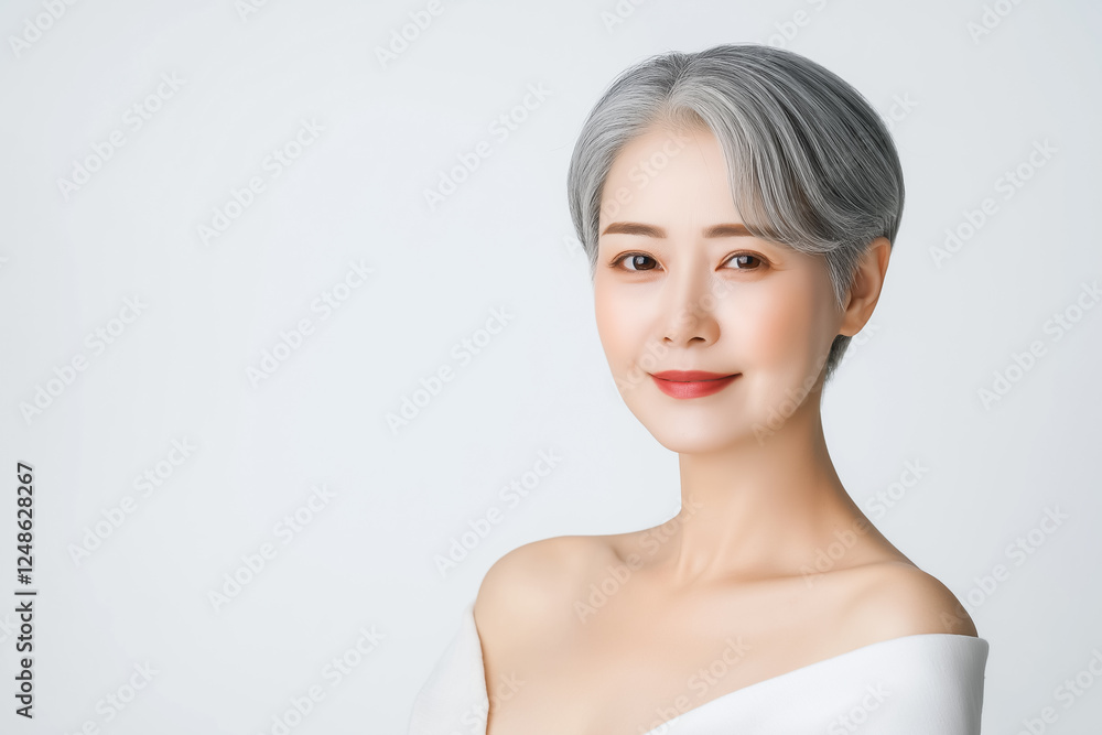 A beauty portrait of an elderly Asian woman with glowing skin, her short silver hair complementing her light attire, against a pristine snow-white background