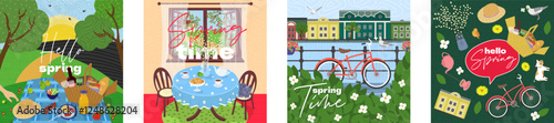 Drawing springtime scene art square banner set with colorful plants, picnic setting and bright spring atmosphere in city. Great for floral themed cards, creative advertising and seasonal invitations.
