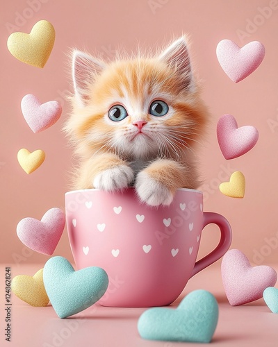 Kitty cat inside a coffe mugg surrounded by floating hearts. Ai Generative photo