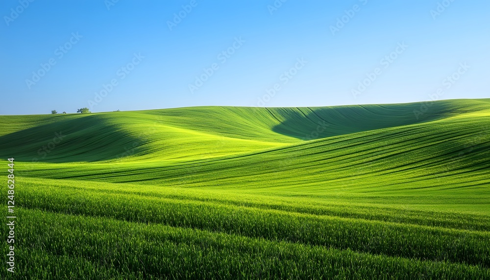 Rolling hills of vibrant green grass beneath a blue sky Rolling hills of vibrant green grass beneath a blue sky
