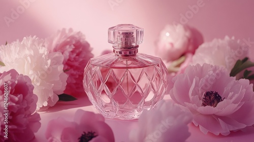 Elegant glass perfume bottle surrounded by peony flowers in soft pink hues