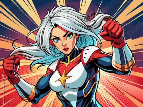 Pop art comic book style super heroine punching with white hair female superhero costume poster