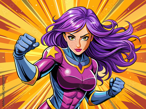 Pop art comic book style super heroine punching with violet hair female superhero costume poster design wall decoration illustration