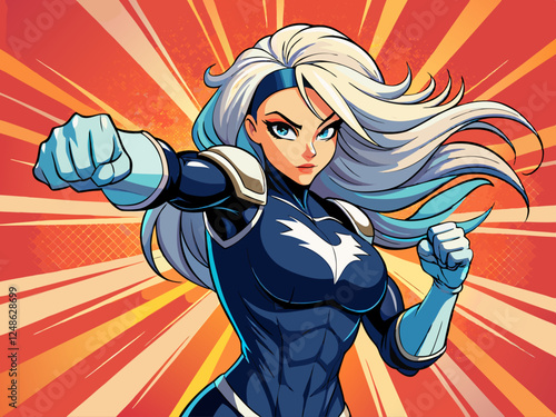 Pop art comic book style super heroine punching with white hair female superhero costume poster design wall decoration illustration
