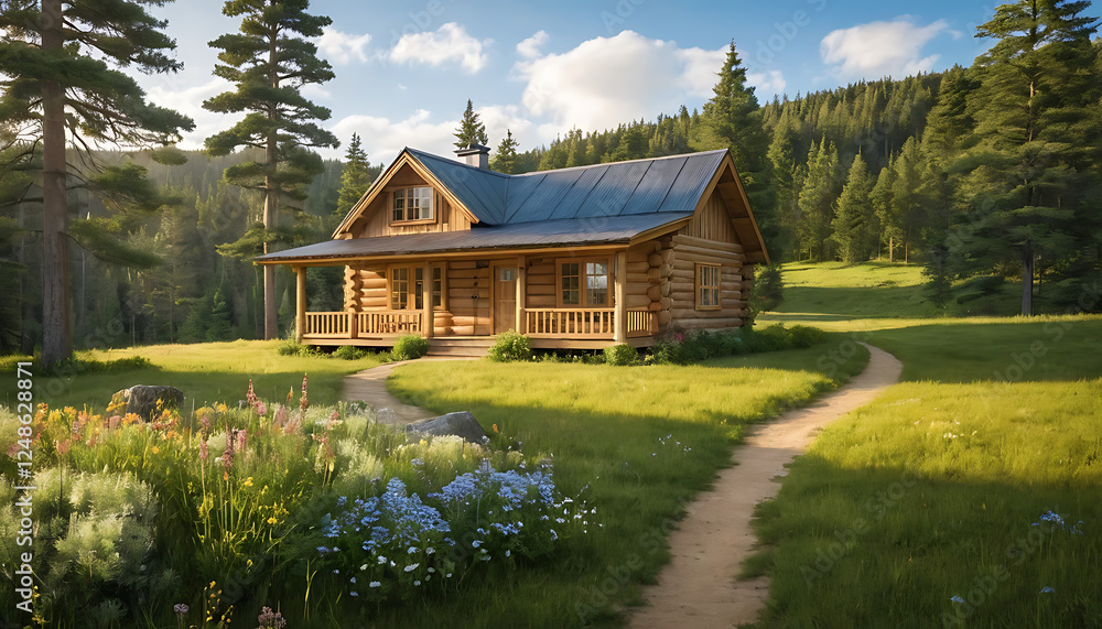 Wooden Log Cabin with green field Wooden Log Cabin with green field