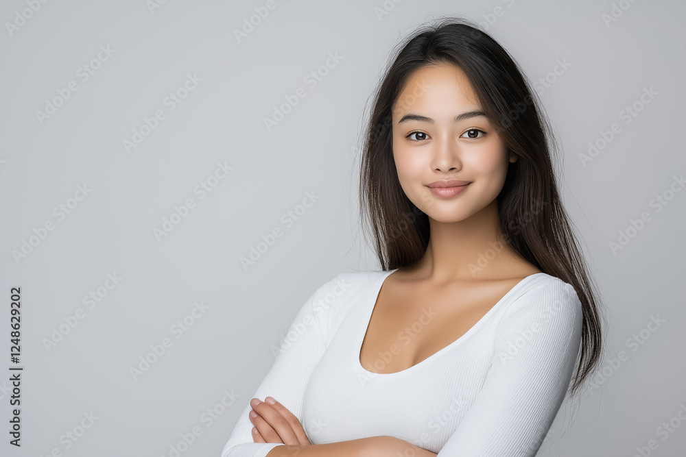 A studio portrait of a young Asian woman expressing confidence, her arms crossed and a bold look A studio portrait of a young Asian woman expressing confidence, her arms crossed and a bold look