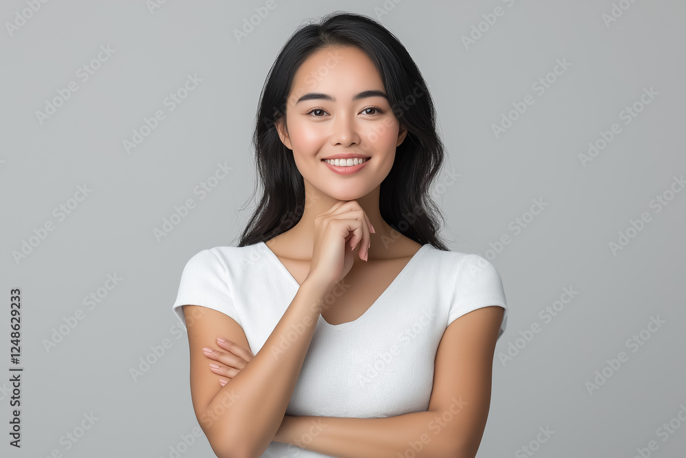 A studio portrait of a young Asian woman expressing happiness, her hands clasped together under her chin A studio portrait of a young Asian woman expressing happiness, her hands clasped together under her chin