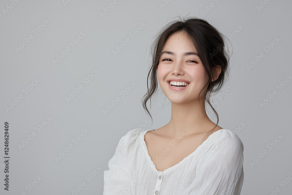 A studio portrait of a young Asian woman laughing joyfully, her head slightly tilted back A studio portrait of a young Asian woman laughing joyfully, her head slightly tilted back
