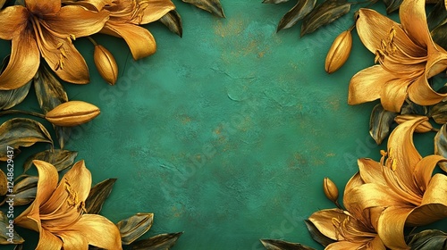 Golden lilies frame a textured teal background creating an elegant and artistic atmosphere for design projects